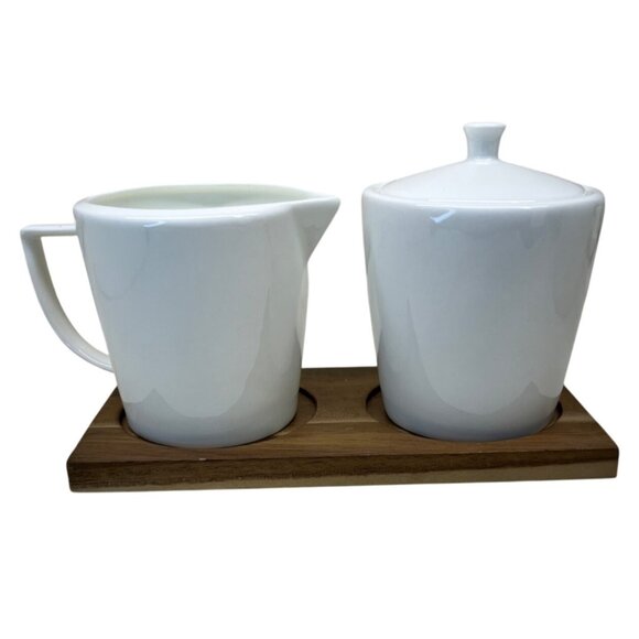 Ciroa Simplus White Creamer Sugar Bowl with Lid Wood Wooden Tray - Picture 3 of 9